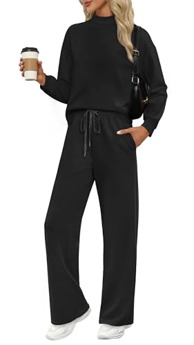 WIHOLL Two Piece Sets for Women Fall Outfits Lounge Sets Mock Neck Tops Wide Leg Pants Vacation Travel Airport Outfits