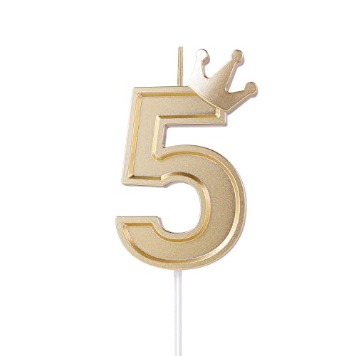 KINBOM 3 Inch 3D Number Candle, Number Birthday Candles with Crown Decor, Birthday Candles for Cake Decoration Topper for Wedding Anniversary Graduation Party (Gold, 5)