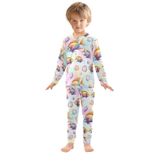 Pajama Sets Long Sleeve Colorful Fish and Seashells Pattern Soft Comfy Sleepwear 2 Piece PJS 3-8T2