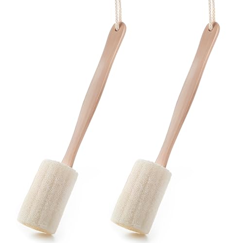 2 Pcs Natural Loofah Back Scrubbers for Use in Shower, Exfoliating Loofah Sponge Back Loofahs Backs Brush Long Handle for Showers