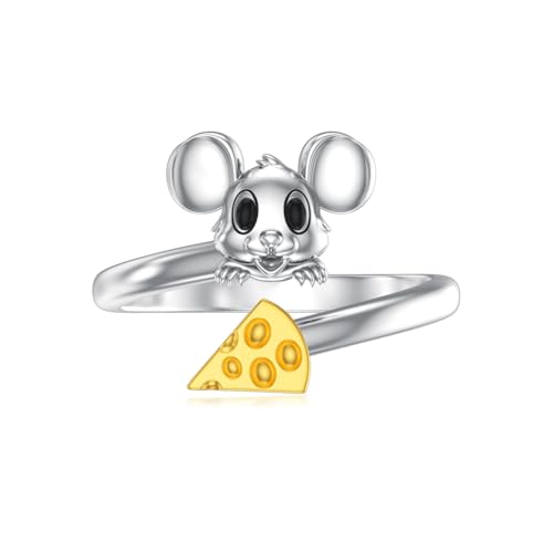 Lypic Mouse Ring 925 Sterling Silver Rat Cheese Open Ring Adjustable Cute Animal Jewelry Gift for Women