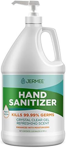 JERMEE Moisturizing Hand Sanitizer Gel, 70% Alcohol - Kills 99.99% Germs, Enhanced with Vitamin E and Aloe Vera - Crystal Clear Gel, Refreshing Scent, Made in USA - 1 Gallon with Easy to Use Pump
