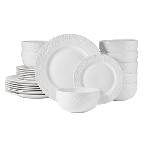Image of Pfaltzgraff Charm 24 Piece Dinnerware Set, White Porcelain Plates, Bowls