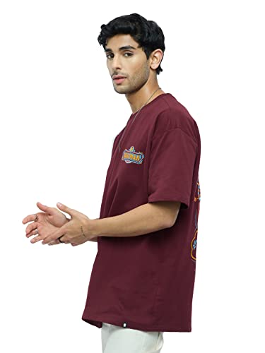Image of The Souled Store Official Iron Man: Truck Art Men and Boys Oversized fit Graphic Half Sleeve Cotton Burgundy Color Oversized T-Shirts