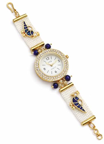 Image of Kashmiri Bracelet Watch for Women Stylish | Pearl Strap Jewellery Watch with Blue Bird Design | Ethnic Wrist Watch for Girls | Wedding, Festive & Gift
