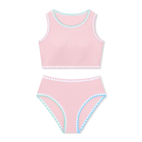 Image of Girls Bathing Suit Toddler Swimsuits 2 Piece Bikini Sets Round Neck Colorful Lace Teen Girls Swimwear 3-14T