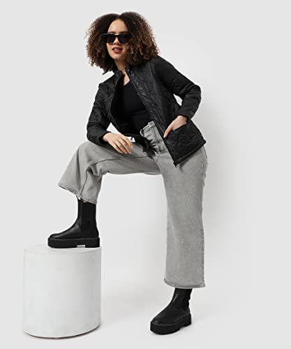 Image of Campus Sutra Women's Black Quilted Regular Fit Bomber Jacket For Winter Wear | Standing Collar | Full Sleeve | Zipper | Casual Jacket For Woman & Girl | Western Stylish Jacket For Women