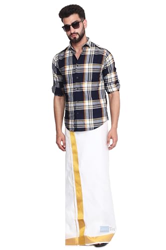 Gowri Tex Men's 100% Pure Cotton White With Gold Jari Lungi in Size 2 Mtrs Single Lungi- Pack Of 1