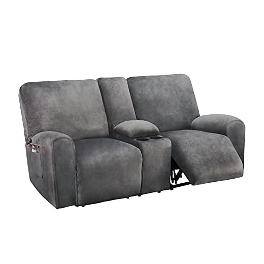 ULTICOR Reclining Loveseat with Middle Console Slipcover, 8-Piece Velvet Stretch Loveseat Reclining Sofa Covers, 2 seat Loveseat Recliner Cover, Thick, Soft, Washable, Loveseat Slipcovers (Dark Grey)