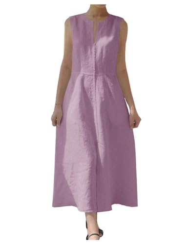 Image of Ladyful Women's Sleeveless Cotton Linen Midi Dress V Neck A Line Tank Dress