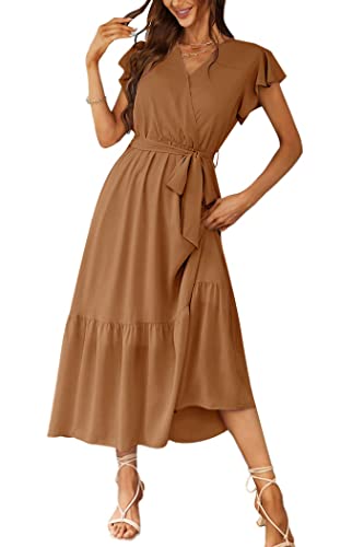 PRETTYGARDEN Women's Summer Floral Boho Maxi Dress Wrap Short Sleeve V Neck Ruffle A-Line Flowy Wedding Guest Long Dresses