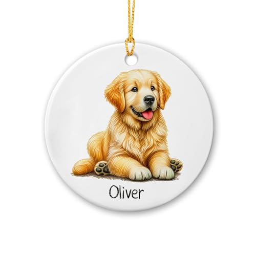 Golden Retriever Ornament Christmas, Merry Christmas Dog Ornament, Custom Name Golden Retriever Dog Lover Ornament, Dog Crayon Art Style Ceramic Ornament, Personalized Pet Ornament for Xmas Tree