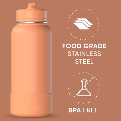 Hydrapeak 32oz Sport Insulated Water Bottle with Straw Lid, Leak & Spill Proof, Keeps Drinks Cold for 24 Hours, Hot for 12 Hours, Premium Stainless Steel Water Bottles (32oz, Apricot Crush)