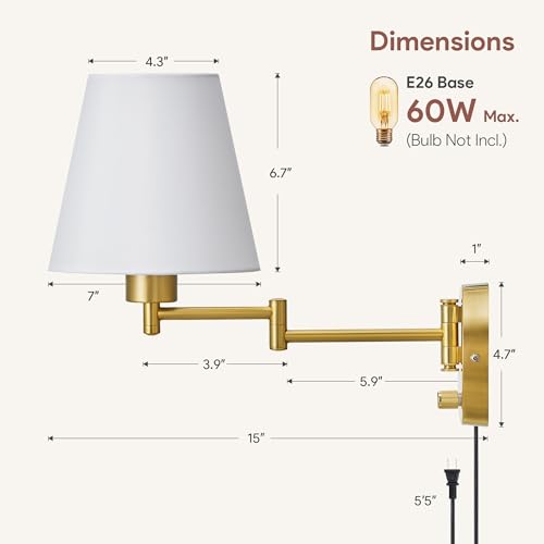 Image of VONLUCE Wall Sconce Set of 2, Plug in & Swing Arm Wall Lamps, Gold Finish