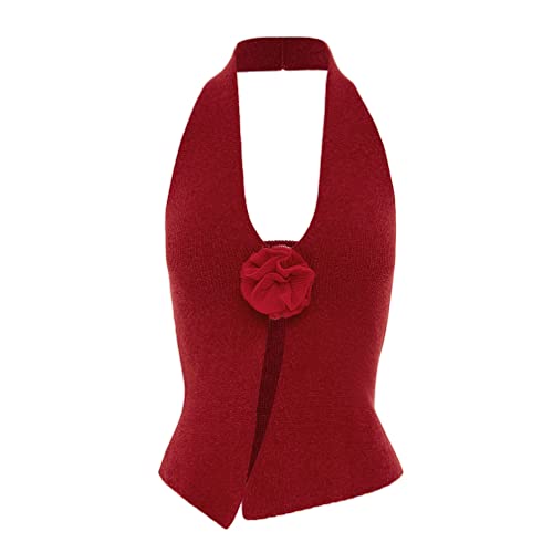 Women Halter Neck 3D Floral Rib-Knit Top Tank Y2k Sexy Sleeveless Backless Open Front Slim Fit Sweater Vest
