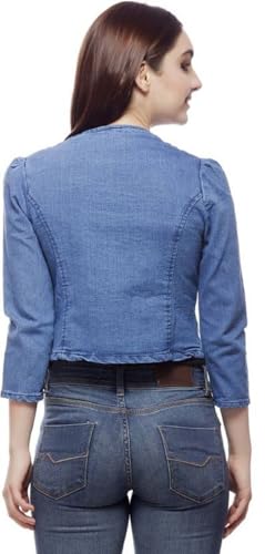 Image of Ootpatang Women's Denim Jacket, Blue, Cropped Style, Button Front, 3 /4 Sleeves, Fitted Blazer