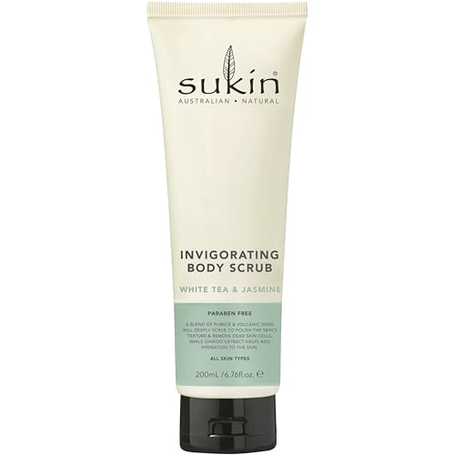 Sukin Invigorating Body Scrub White Tea & Jasmine 200mL, Polishes & Exfoliates the Skin with Pumice, Volcanic Sand & Bamboo Stem, Australian Made & Owned, Vegan, Cruelty-Free