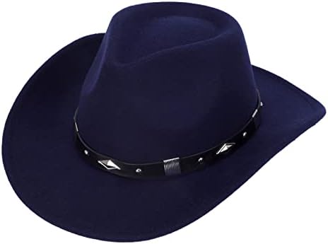 Men Women Felt Wide Brim Vintage Western Cowboy Hats Pinch Front Cowgirl Hat with Belt Navy Blue