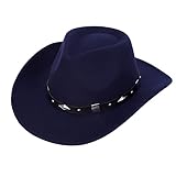 Men Women Felt Wide Brim Vintage Western Cowboy Hats Pinch Front Cowgirl Hat with Belt Navy Blue