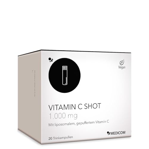 Medicom – Vitamin C Shot 1.000 mg, Liposomales & Gepuffertes Vitamin C im Trinkformat, Hochdosiert, Immunsystem & Energie, Kollagenbildung, Orangengeschmack, Vegan – 20 Trinkampullen
