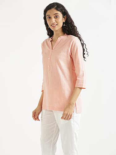 Image of SAADAA Women Short Kurti Airy Linen Regular Fit Kurta with 3 /4th Sleeves, Mandarin Collar, Side Slit Perfect for Casual, Formal, and Ethnic Wear