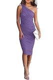 PRETTYGARDEN One Shoulder Dresses for Women 2025 Summer Ruched Mesh Asymmetrical Cocktail Wedding Guest Bodycon Dress (Grey Purple,X-Large)