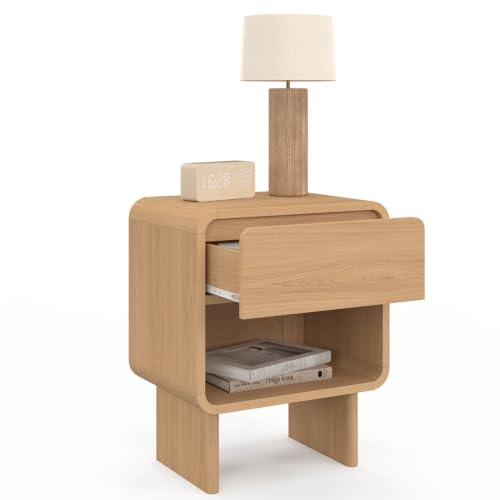 Lot de 2 tables de chevet CAPUCINE 1 tiroir et 1 niche façon hêtre design arrondi - vue 5