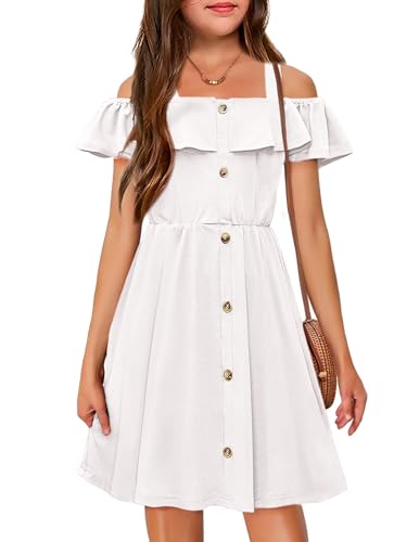 Arshiner Girls Dresses Summer Spaghetti Strap Cold Shoulder Ruffle Button Down A Line Dresses