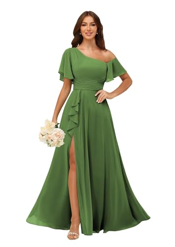 Image of One Shoulder Bridesmaid Dresses for Women with Pockets Short Sleeve Ruffled Chiffon Formal Evening Gowns