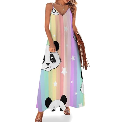 Robe longue pour femme ete sans manches style maxi Étoile Panda Arc-en-Ciel