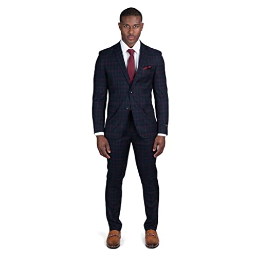 Slim Fit 2 Button Plaid Black & Red Men's Suit Notch Lapel 16752