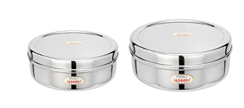Image of JAGGERY Stainless Steel container Useful as Tiffin or Lunch Pack /Fridge Storage Box /Steel Puri Dabba-Set Of 2pcs (Dia-19cm, 20.5cm) Capacity-1250, 1800ml