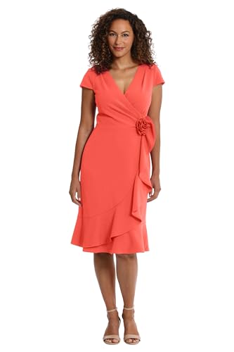 Image of Women's Feminine Ageless Surplice V-Neck Faux Wrap Ruffle Dress Office Event Shower Guest of