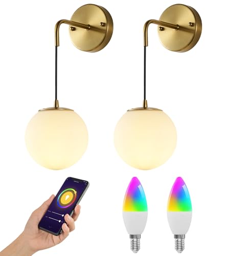 Image of Globe Wall Sconce Set of 2, Frosted White Glass Wall Lighting Fixtures with 2 Smart LED Bulbs for Bedroom Hallway Living Room Bathroom，Brass