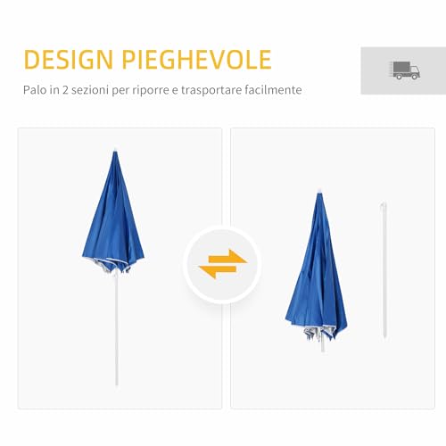 Outsunny Ombrellone Da Spiaggia Ø2.2X2.2 M Con Tendina Laterale, Sacchi Per Sabbia E Picchetti, Ombrellone Da Mare Con 8 Stecche E Design A 2 Sezioni In Metallo E Poliestere, Blu - 5