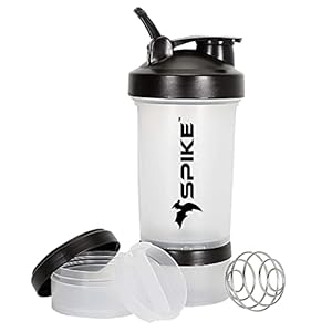 SPIKE Pro Protein Shaker Bottle with Protein Holder Cup for Protein Mix, Cycling, Gym Water Bottle with Stainless Steel Ball 500 ml Medium Clear