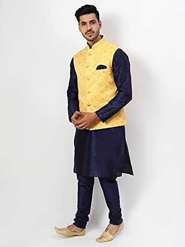 Image of Uri and MacKenzie Men's Silk Blend Regular Kurta Churidar Pyjama with Bundi Nehru Jacket /Waistcoat