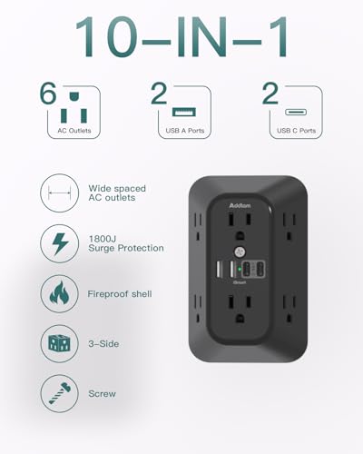 Addtam Surge Protector Outlet Extender, 6-Outlet Splitter with 4 USB Wall Charger(2 USB-C Ports), Multi Plug Wall Outlet 1800J Power Strip for Home Office Dorm Room Essentials, Black - Image 3