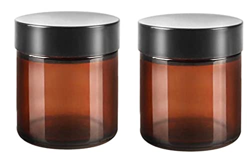Ericotry 2 tarros redondos de cristal ámbar de 120 ml, 4 onzas, gran capacidad, vacíos, rellenables, con tapas negras y forros interiores para lociones, exfoliantes corporales y bálsamos