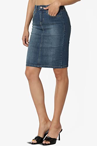 TheMogan Stone Wash Jean Pencil Knee Length Midi Stretch Denim Skirt3
