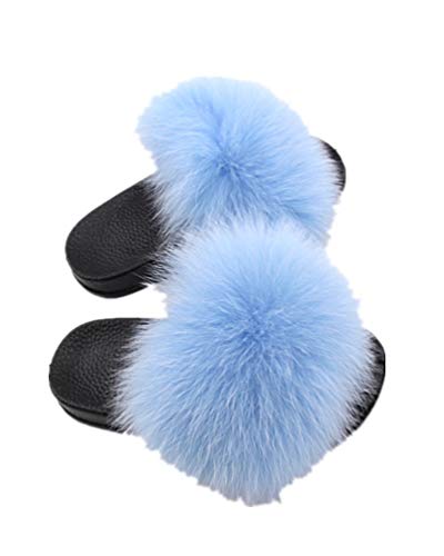 LVCOMEFF Girls real fox fur sandals slides fluffy fuzzy for kid child