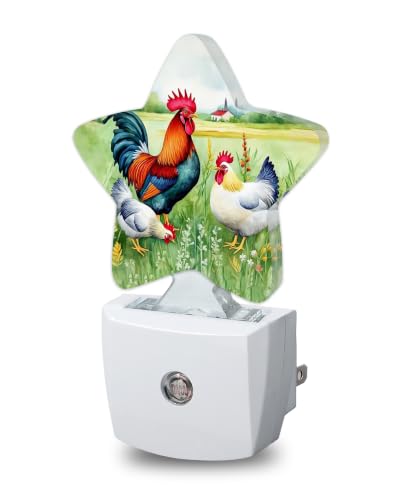 Image of Farmhouse Rooster Star Night Light Plug in, Decorative Night Light for Kids Room Nursery Bedroom, Soft Glow Sensor Lamp for Hallway Bathroom, Compact Energy Saving