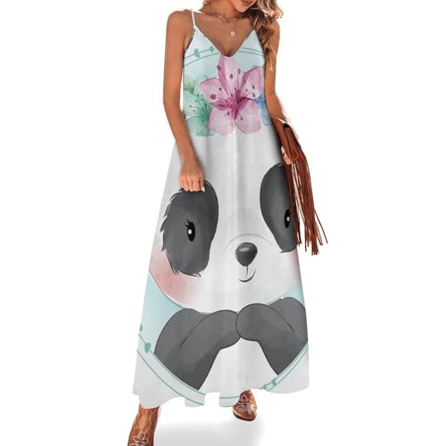 Robe longue femme été sans manches Panda Timide pour la plage