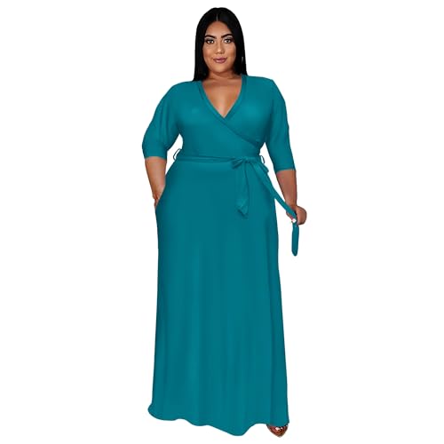 Runwind Plus Size Dresses for Women Floral Maxi Dress Flowy 3/4 Sleeve with Belt Lake Blue