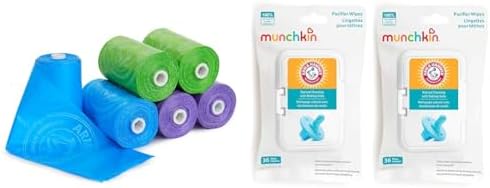 Munchkin® Arm and Hammer Diaper Bag Refills, 6 Pack, 72 Bags & Arm & Hammer Pacifier Wipes - Safely Cleans Baby and Toddler Essentials, 2 Pack, 72 Wipes