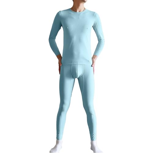 Yeahdor Mens Thermal Underwear Long Sleeve Lightweight T-shirts with Bulge Pouch Leggings Long Johns Base Layer Set Sky Blue X-Large