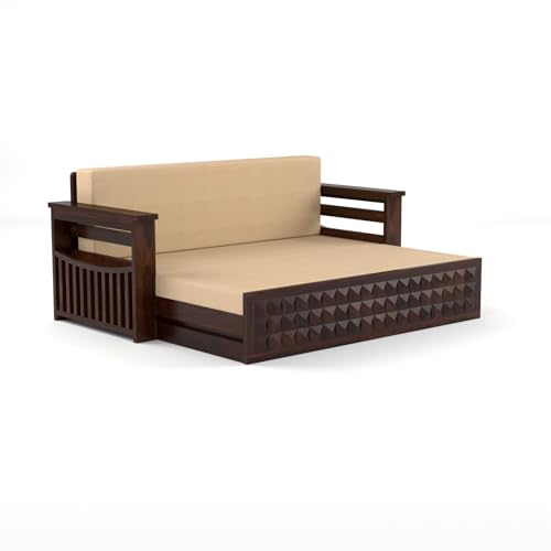 Image of Sheesham Wood Sofa Cum Bed with Mattress - 3 Seater Wooden Sofa Bed for Living Room | Solid Wood Convertible Diwan Couch with Side Storage (Design 6)