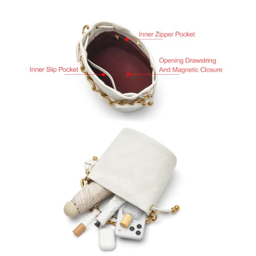 Image of DORIS&JACKY Small Top Handle Bucket Bag, Designer Lambskin Drawstring Crossbody Purse with Chunky Chain Tote Strap