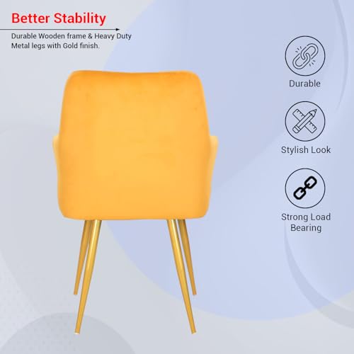 Image of Taboo Velvet Dining Chair Set of 6 | Upholstered Accent Arm Chairs | Soft Cushioned Seat with Backrest | Modern Velvet Fabric Chairs with Metal Legs | Living Room, Bedroom, Cafe & Restaurant | Yellow