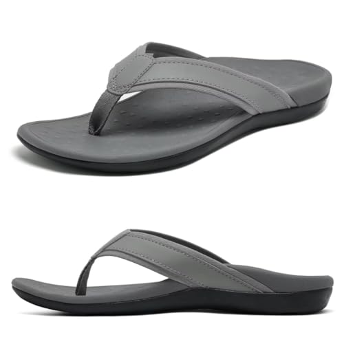 MEGNYA Mens Arch Support Orthopedic Toe Post Stretch Rubber Sole, Breathable Mesh Casual Flip flops for Knee and Back Pain, Durable Indoor Flip-Flops Rebound Grey Size 13